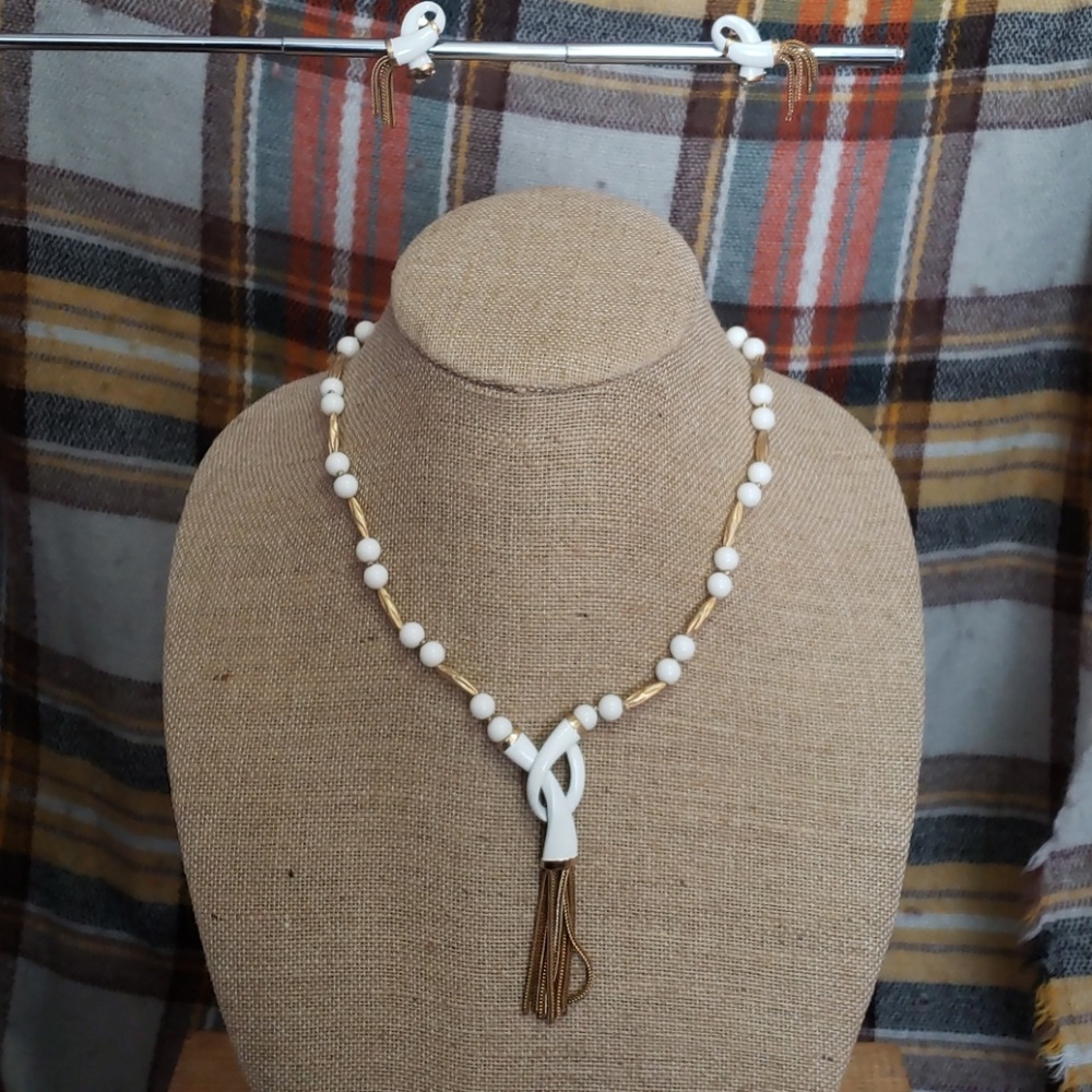 Vintage white and gold tone, necklace and earrings